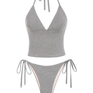 Y2K Gingham Halter Tankini Set | Sexy Retro Black Swimwear XL